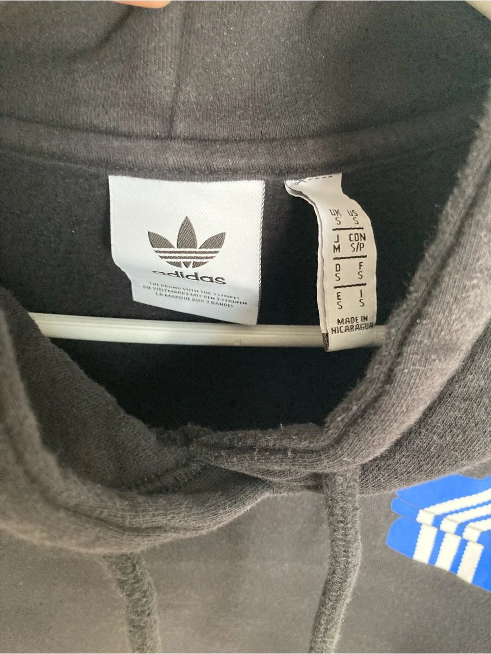 adidas Black Crewneck Hoodie with Pink Sleeve Logo and Blue Chest Graphic